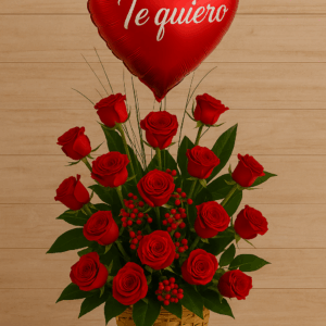 Bonito centro de rosas rojas con globo romantico.