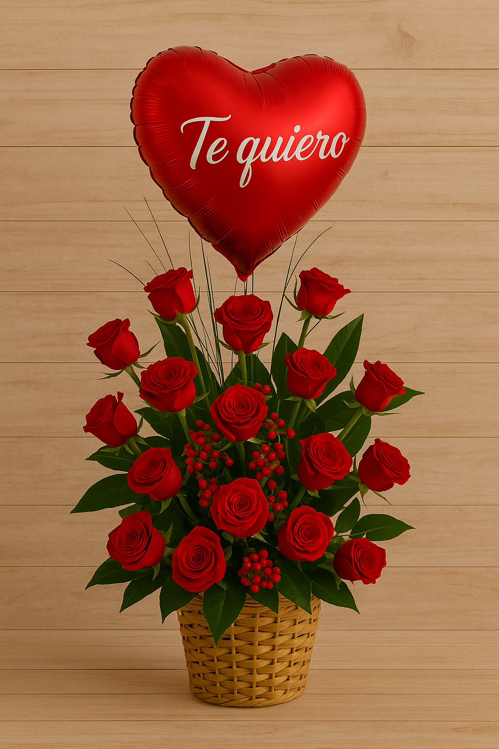 Bonito centro de rosas rojas con globo romantico.